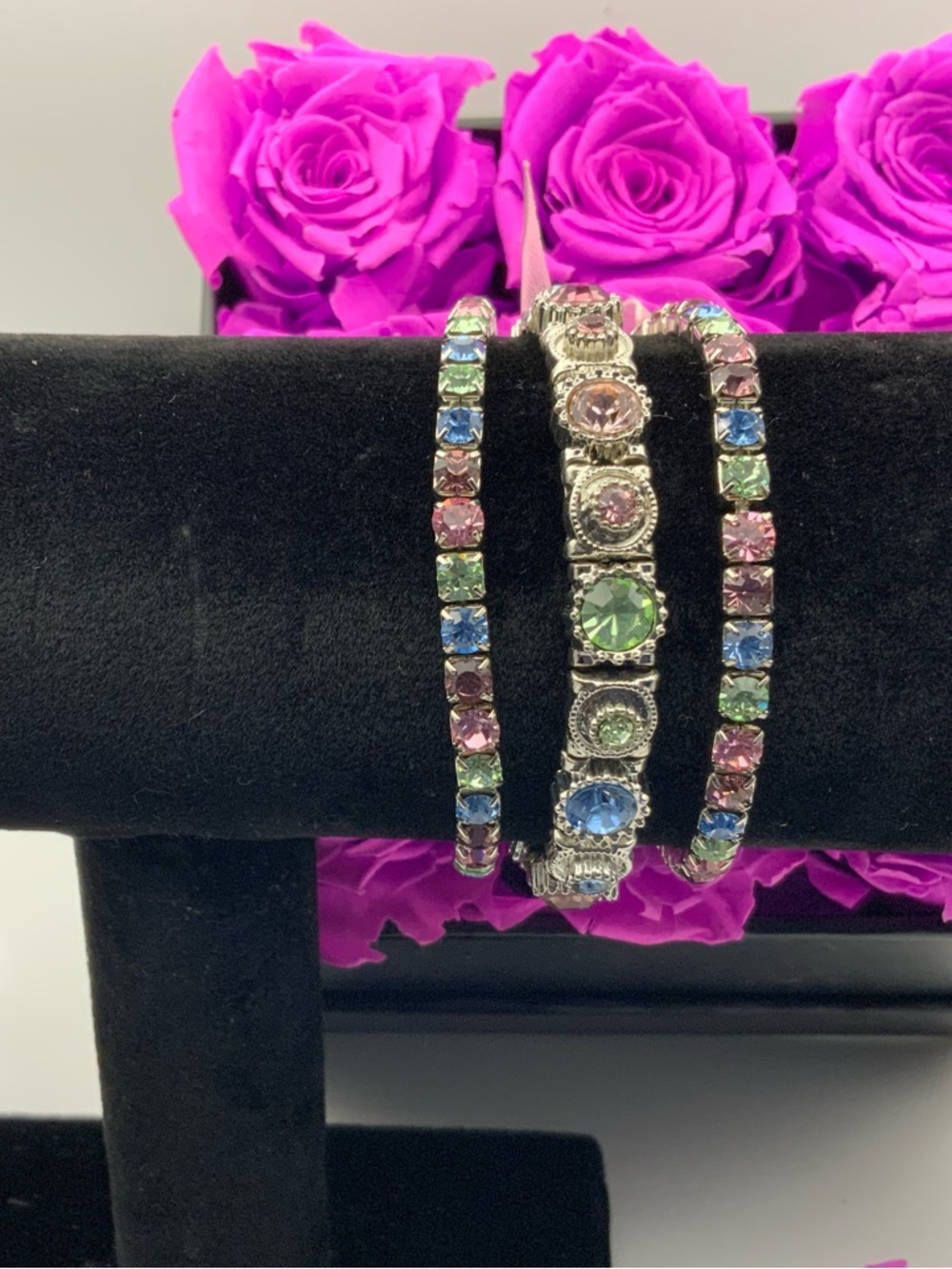 Crystal Stretch Trio Silver Bracelet Stack - Colorful Beaded Chicklet Bracelet